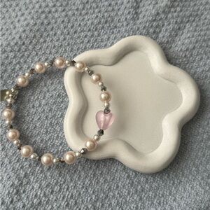 Pink And Silver Pearl Bracelet Lampwork Heart
